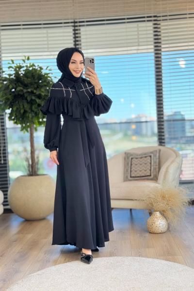 6002 Taş Ve Fırfır Detaylı Elbise Siyah