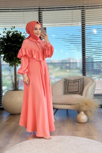6002 Taş Ve Fırfır Detaylı Elbise Somon
