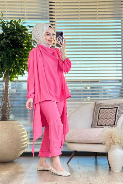 6004 Eteği Biyeli Pantolonlu Takım Pembe