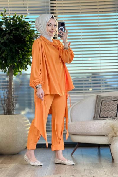 6004 Eteği Biyeli Pantolonlu Takım Turuncu