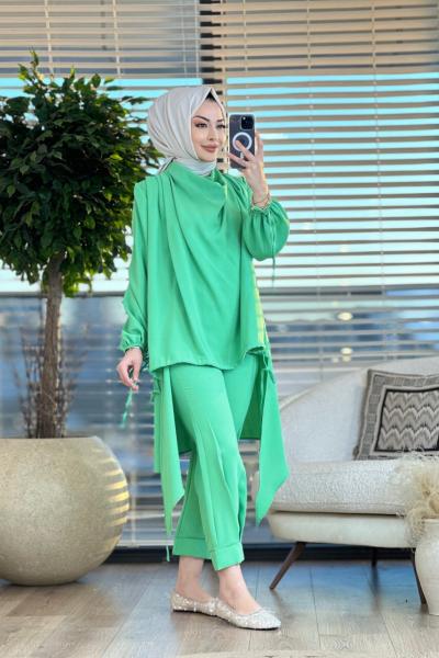 6004 Eteği Biyeli Pantolonlu Takım Yeşil