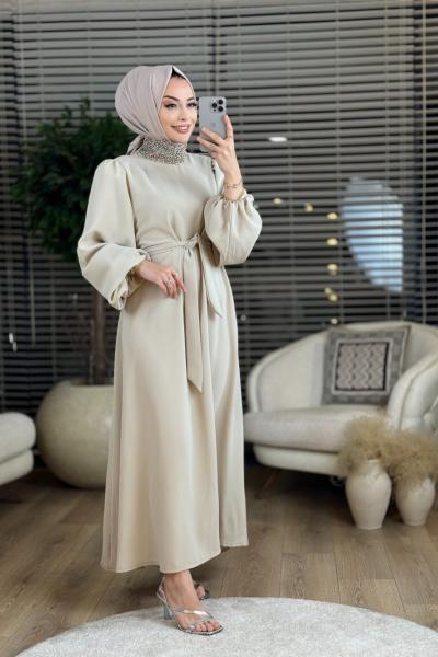 6008 Yakası Zımbalı Elbise Vizon