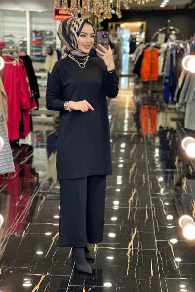 601 Uzun Tunik Pantolon Triko Takım Siyah