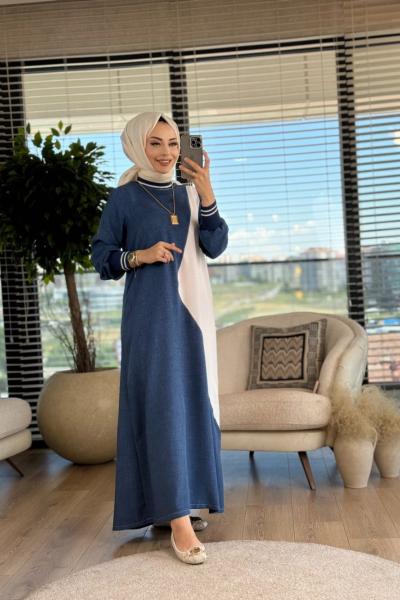 6012 Önü Üçgen Parçalı Elbise İndigo