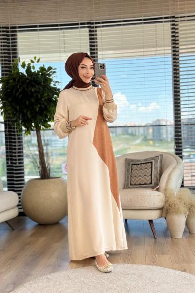 6012 Önü Üçgen Parçalı Elbise Bej