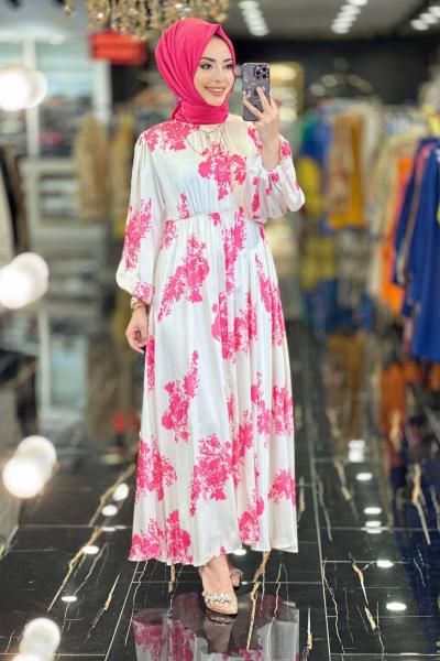 6019 Saten Üstü Desenli Elbise Fuşya