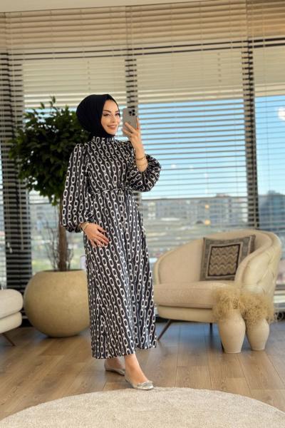 6027 Saten Zincir Desenli Elbise Lacivert Ekru