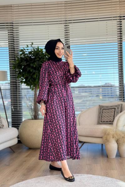 6027 Saten Zincir Desenli Elbise Siyah Fuşya