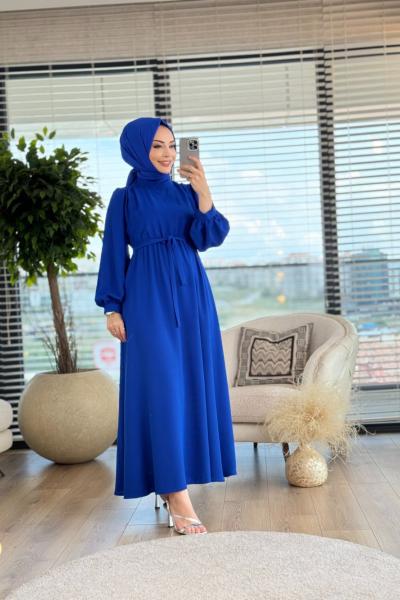 6033 Omuz Düğmeli Bel Lastikli Elbise Saks