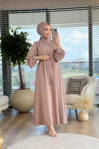 6033 Omuz Düğmeli Bel Lastikli Elbise Bej