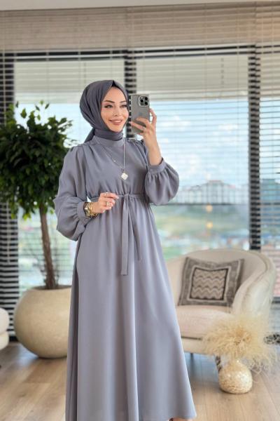 6033 Omuz Düğmeli Bel Lastikli Elbise Antrasit