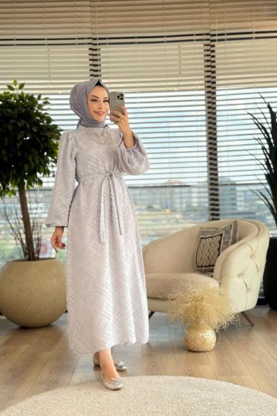 6035 Üstü Tüy Desenli Elbise Gri