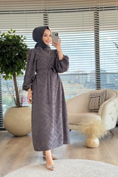 6035 Üstü Tüy Desenli Elbise Antrasit