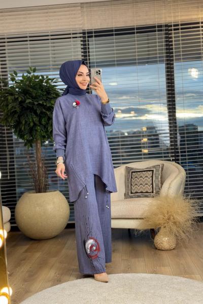 6043 Sağ Kol Desenli Takım İndigo