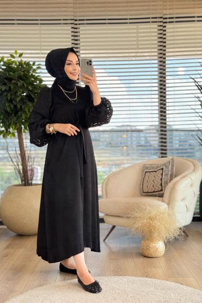 6045 Kolları Balon Kol Elbise Siyah
