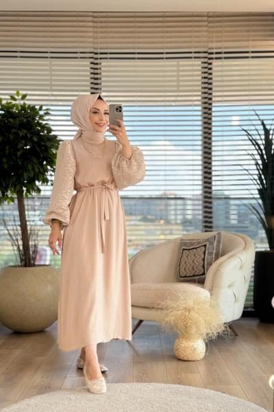 6045 Kolları Balon Kol Elbise Bej