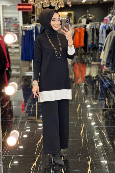 605 Enine Fitilli Bluz Triko Pantolon Takım Siyah