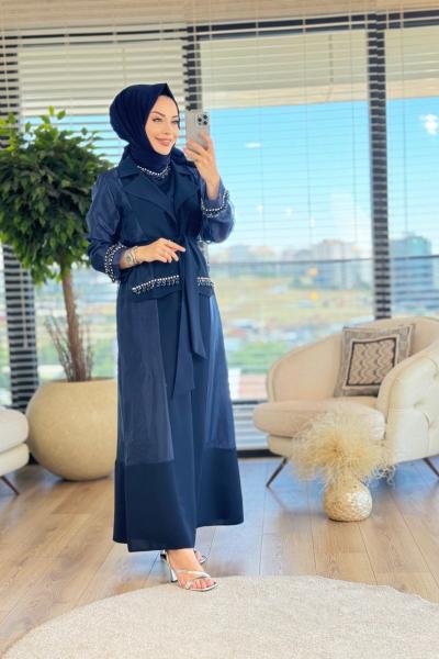 6051 Kollar Şifon Ve Boncuk Detay Takım Lacivert