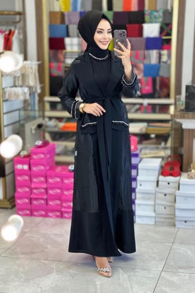 6051 Kollar Şifon Ve Boncuk Detay Takım Siyah