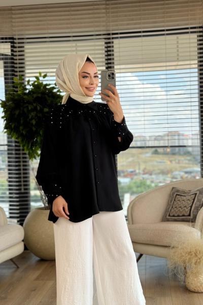 6067 Roba Manşet Taş Ve Boncuk İşlemeli Gömlek Siyah