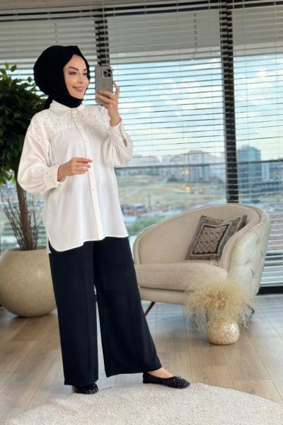 6067 Roba Manşet Taş Ve Boncuk İşlemeli Gömlek Ekru