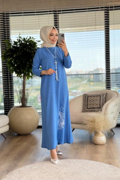 6073 Etek Ucu Desen Ve Zımbalı Elbise İndigo