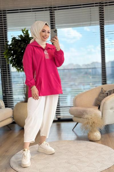 6101 Taş Detaylı Gömlek Fuşya
