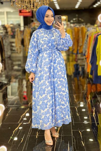 6103 Kendinden Gül Desenli Elbise Mavi