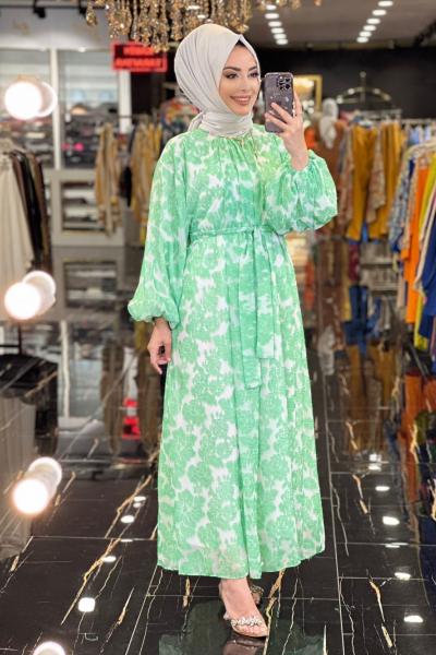 6103 Kendinden Gül Desenli Elbise Benetton