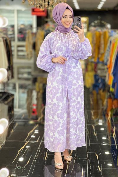 6103 Kendinden Gül Desenli Elbise Lila