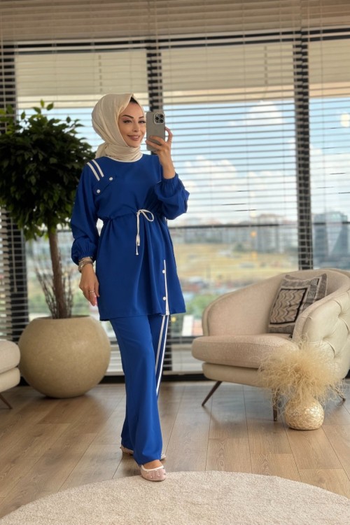 6106 Beli Bağcıklı Ve Omuzu Şerit Detaylı Takım Saks