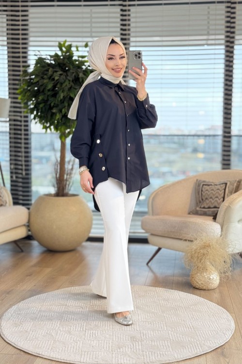 6108 Düğme Detaylı Gömlek Siyah