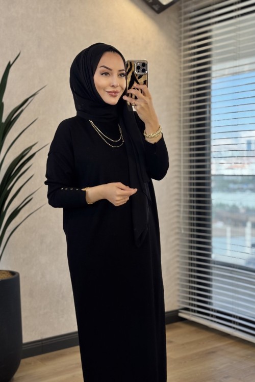6109 Manşeti Düğme Detaylı Triko Elbise Siyah