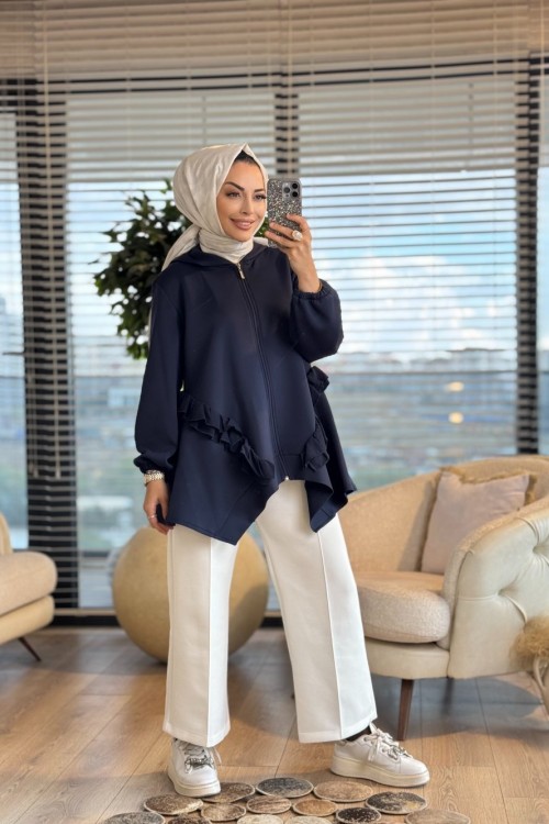 6109 Ön Arka Şifon Fırfırlı Kapşonlu Ceket Lacivert
