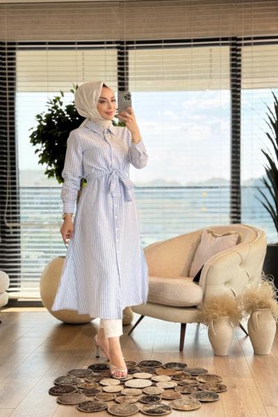 6114 Keten Payetli Çizgili Gömlek Elbise Mavi