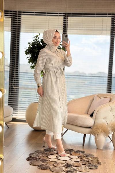 6114 Keten Payetli Çizgili Gömlek Elbise Haki