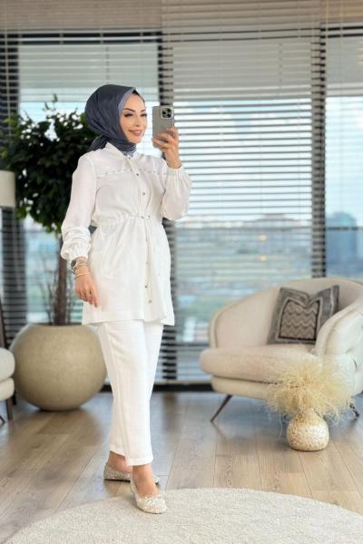 6115 Keten Bomber Ceket Pantolonlu Takım Ekru