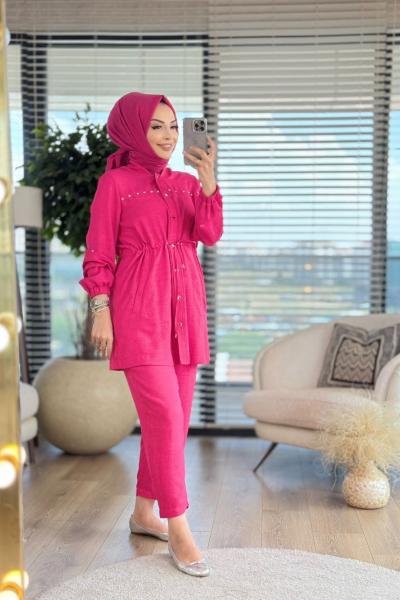 6115 Keten Bomber Ceket Pantolonlu Takım Fuşya