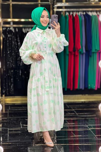 6119 Üst Daire Nakış Patı Düğmeli Elbise Ekru Benetton