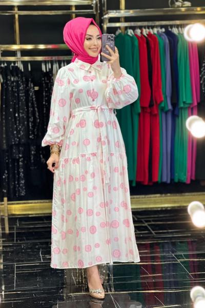 6119 Üst Daire Nakış Patı Düğmeli Elbise Ekru Fuşya