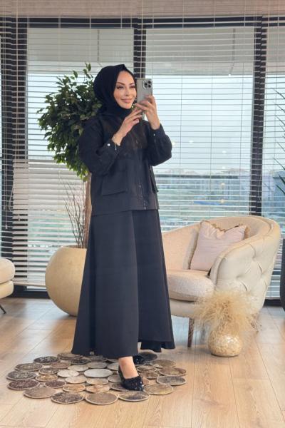 6122 Üstü Yaprak Kabartma Yaprak Desenli Etekli Takım Siyah