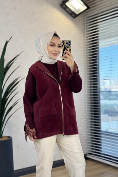 6125 Angora Kapşonlu Fermuarlı Yelek Bordo