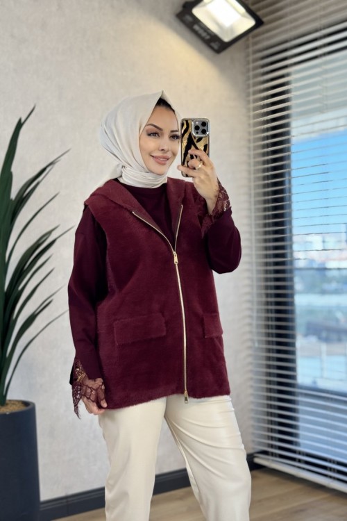 6125 Angora Kapşonlu Fermuarlı Yelek Bordo