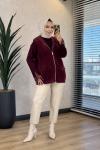 6125 Angora Kapşonlu Fermuarlı Yelek Bordo