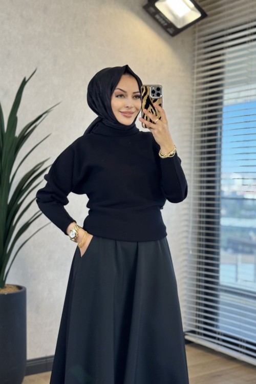 6133 Balıkçı Yaka Triko Tunik Siyah