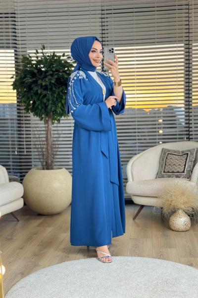 6136 Kolları Elişi Taş İşlemeli Abaya İndigo