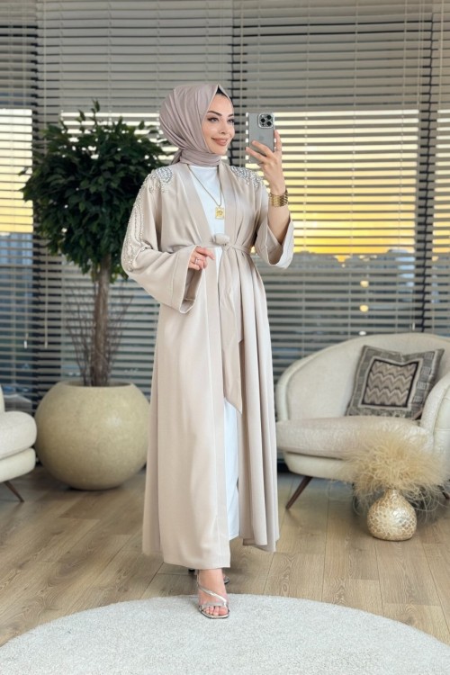 6136 Kolları Elişi Taş İşlemeli Abaya Bej