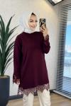 6137 Etek Ve Kol Ucu Dantelli Triko Tunik Bordo
