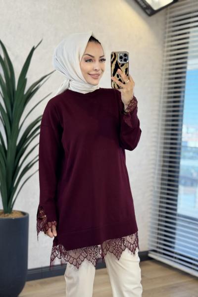 6137 Etek Ve Kol Ucu Dantelli Triko Tunik Bordo