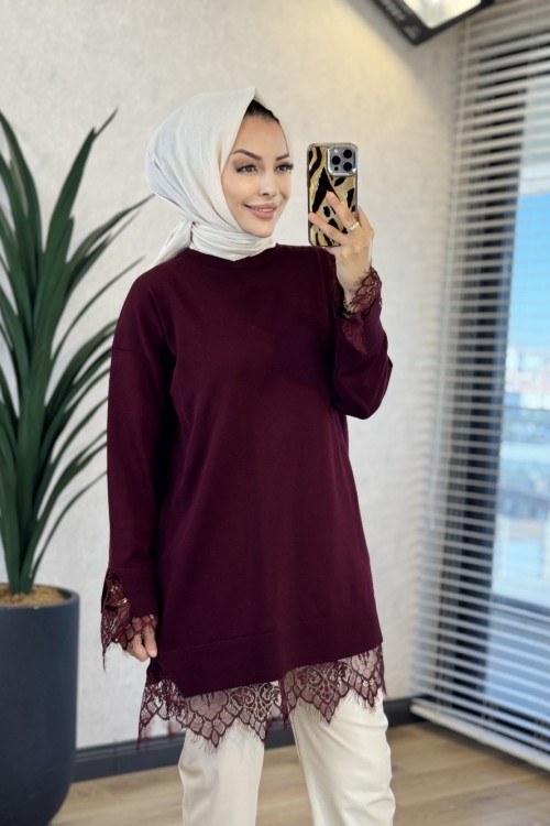 6137 Etek Ve Kol Ucu Dantelli Triko Tunik Bordo